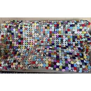Vintage Handmade YoYo Quilt Throw Colorful 59” X 80” Hand Sewn Cottage Core Folk